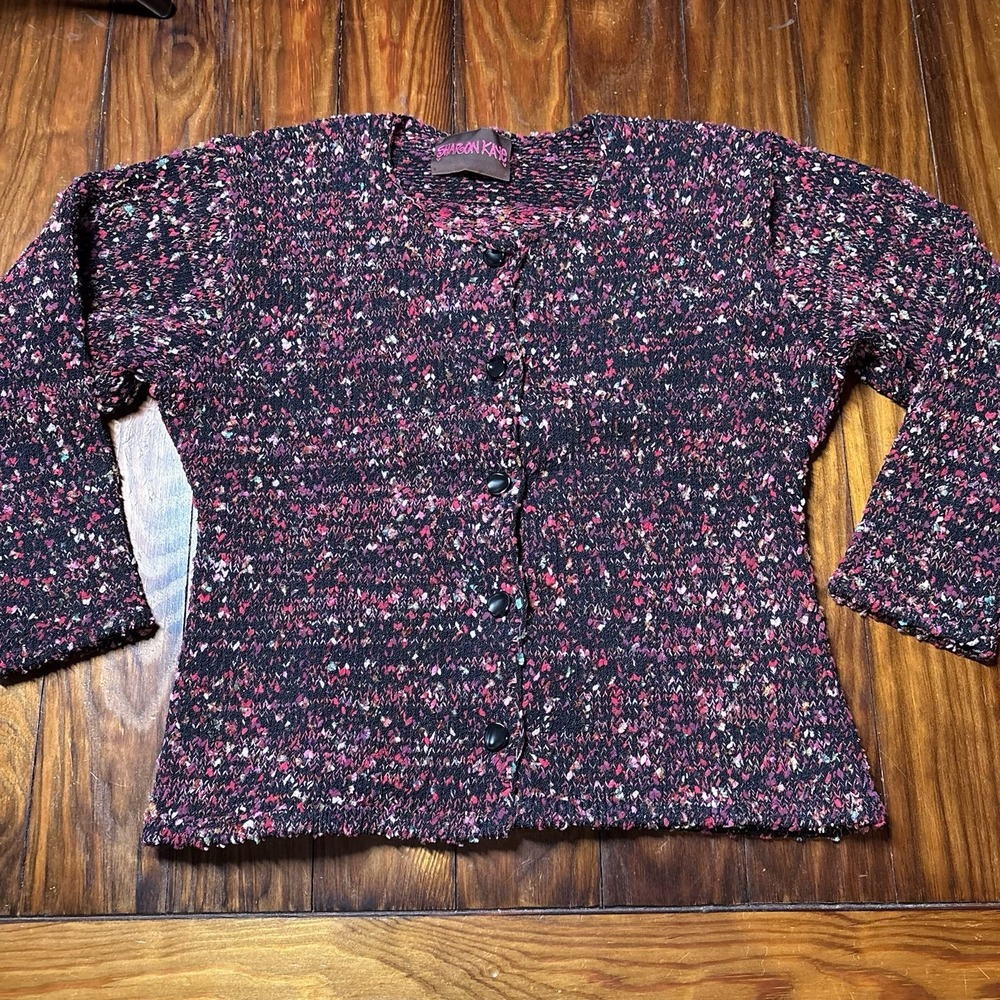 Sharon Kaye Pink Black Speckle Cardigan Sweater Sz S A1248